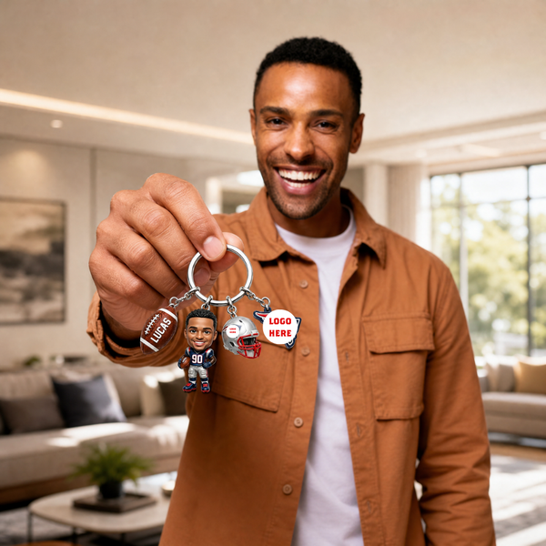 Custom Name Football Fanatic Keychain - 3D Avatar Gridiron Mascot Keyring Gift