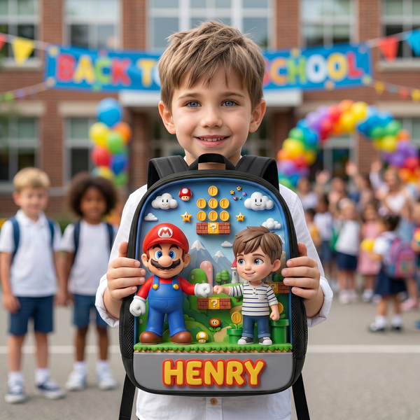 Personalized Kids Backpack, Custom Photo School Backpack With Name, Adventure Game Inspired Bookbag, Back To School Gift For Boys And Girls