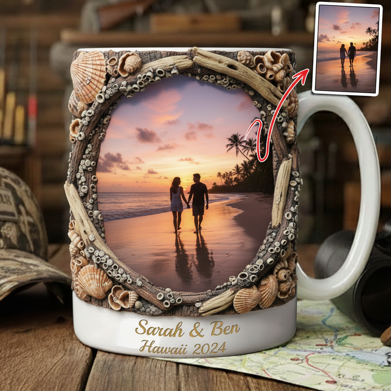 Personalized 3D Beach Seashell Frame Photo Mug - Couple Gift