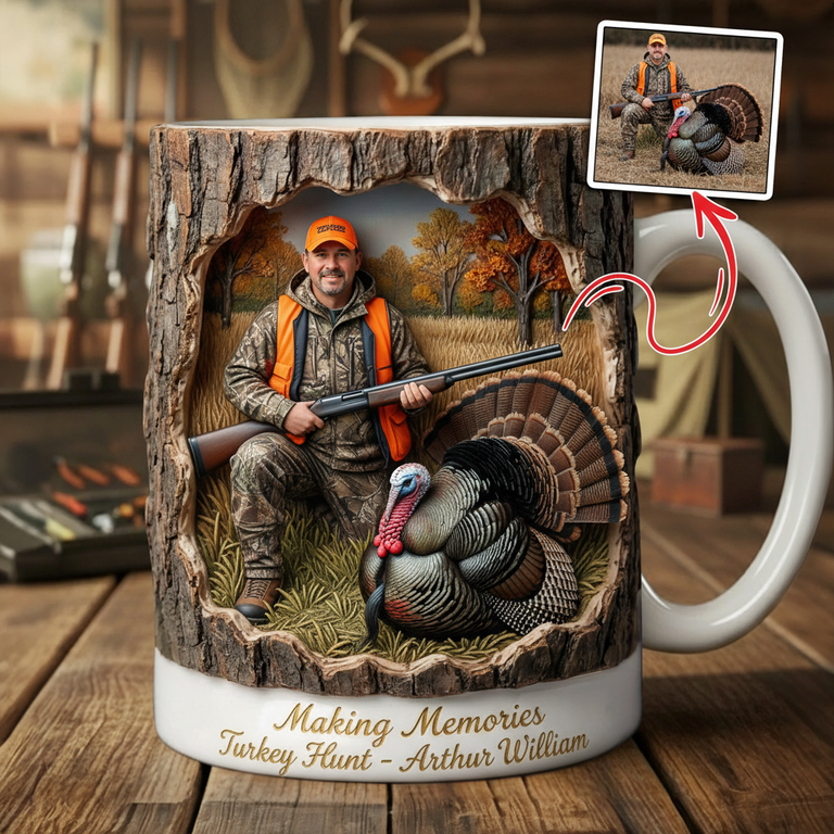Custom 3D Turkey Hunting Photo Mug - Rustic Wood Carved Gift
