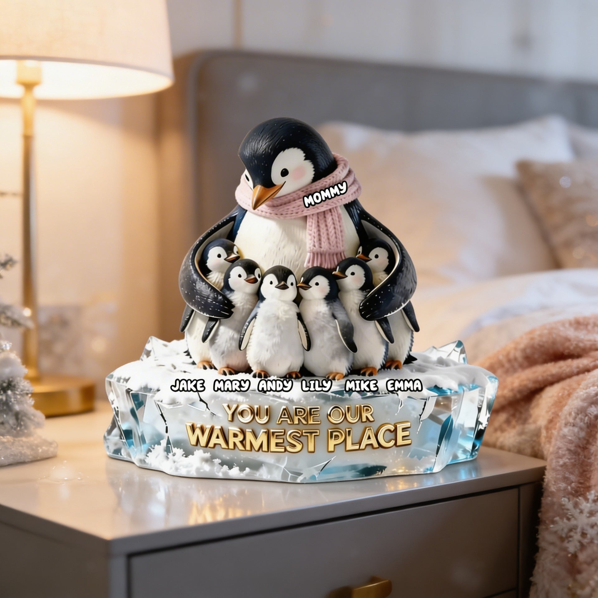You Are Our Warmest Place Plaque – Personalized Penguin Mom Gift – Custom Family Name Sign