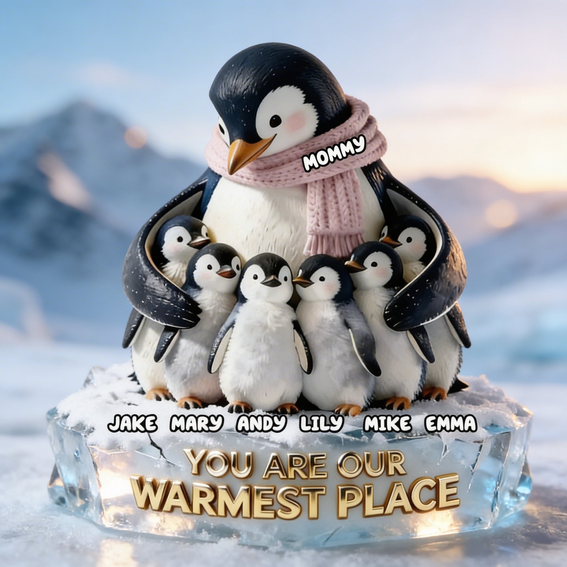 You Are Our Warmest Place Plaque – Personalized Penguin Mom Gift – Custom Family Name Sign