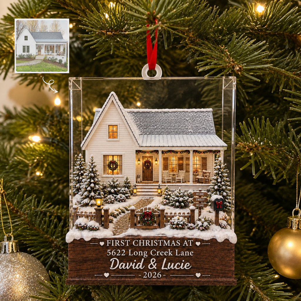 Custom Name House Christmas Ornament, Personalized Family Home Tree Decoration, Gift for Families and New Homeowners hn03092026