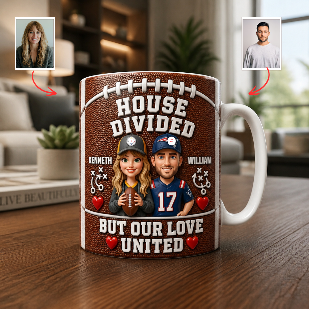 Custom Photo Name "House Divided" Football Mug - Personalized Gridiron Rivalry Couple Coffee Cup