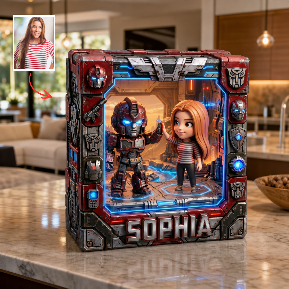Personalized Robot Battle Plaque, Custom Photo Collectible Display, Sci-Fi Fan Gift, Custom Name Acrylic Plaque, Futuristic Robot Fan Decor