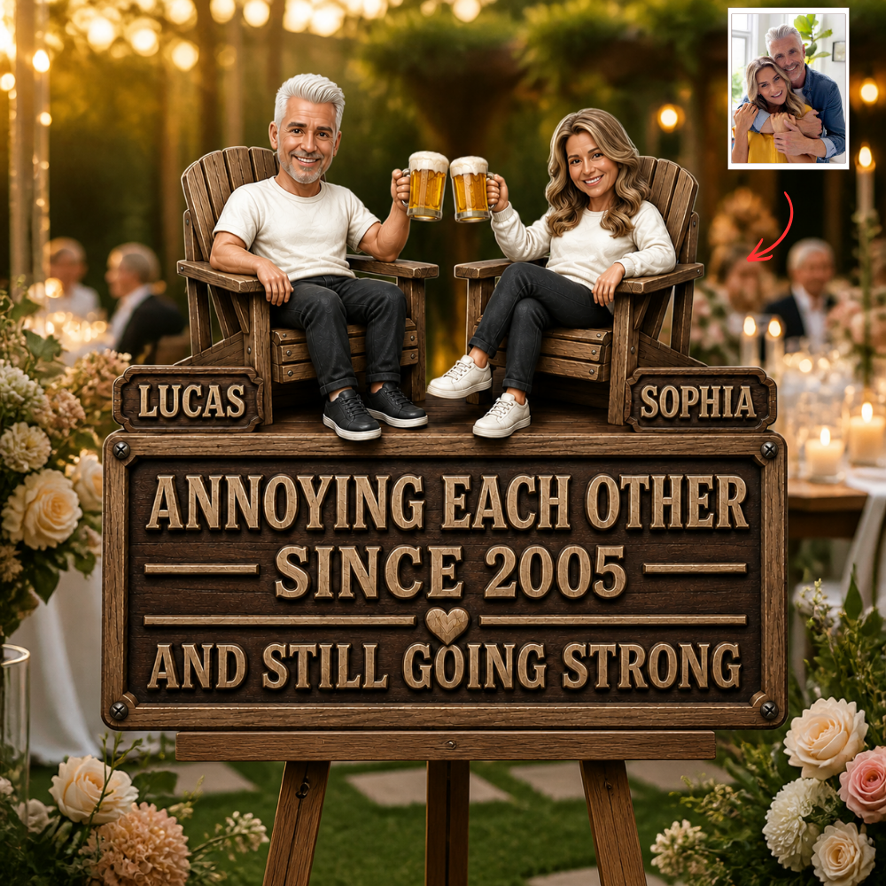 Personalized Couple Photo 3D Effect Door Sign - Custom Name Beer Lovers Wall