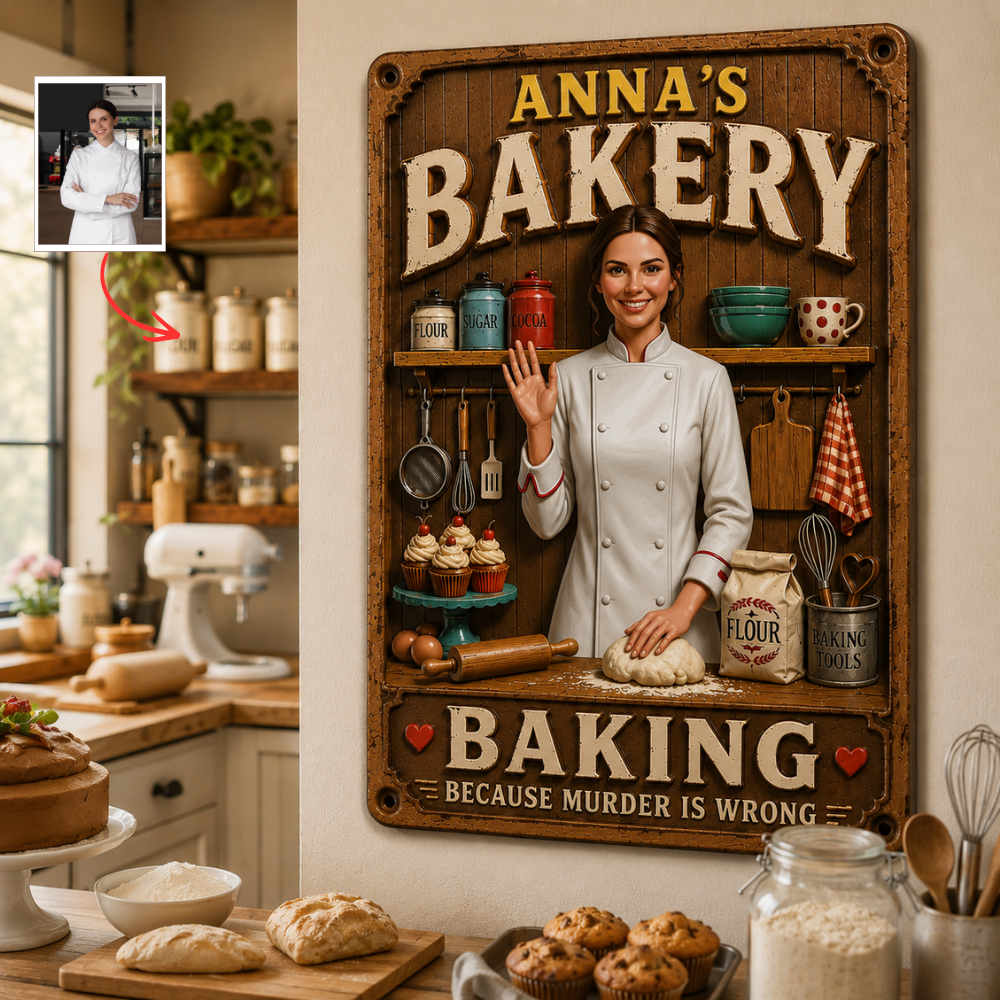 Personalized Baker Door Sign, Custom Photo Bakery Wall Decor, Custom Name Kitchen Sign, Gift For Bakers, Personalized Baking Room Plaque