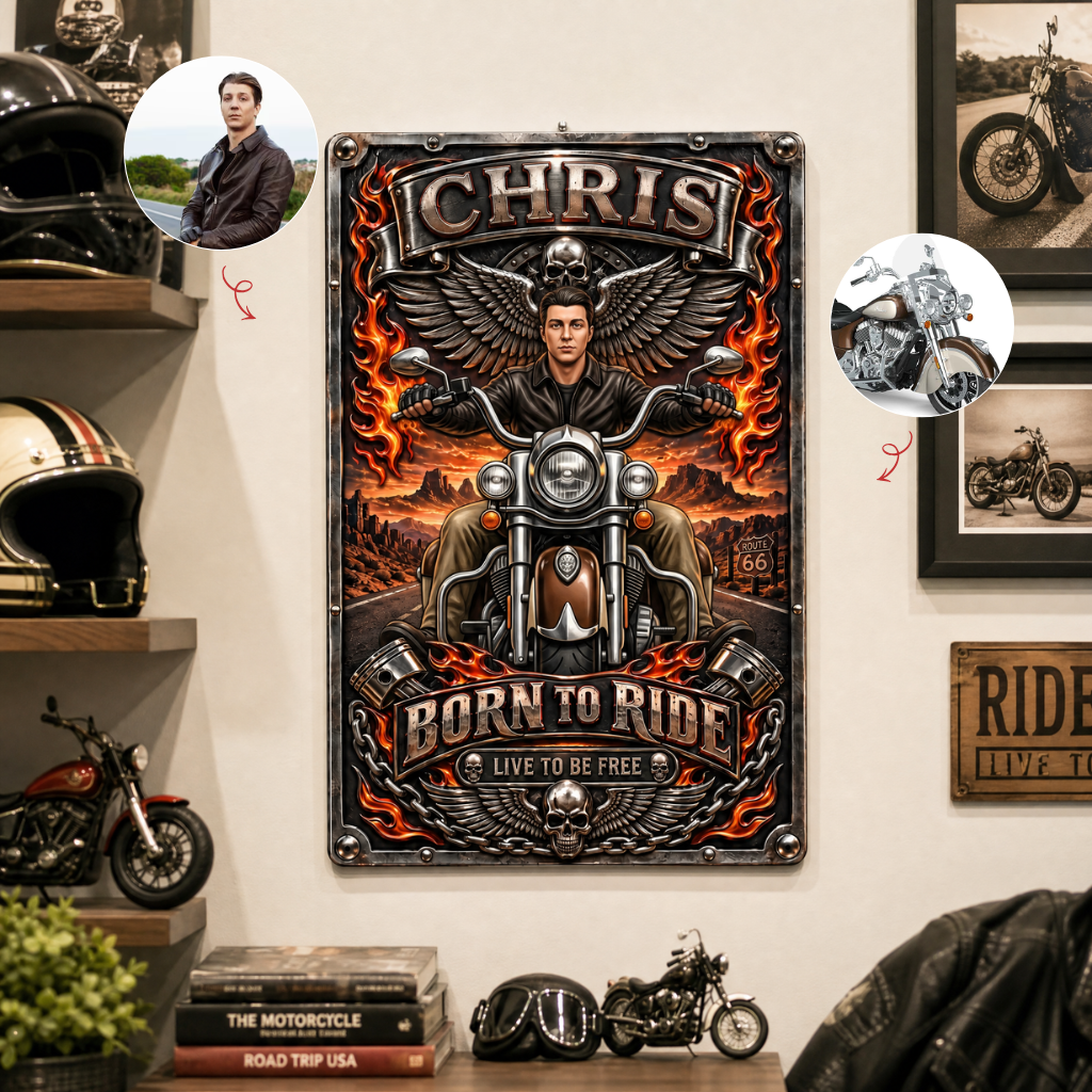 Custom Motorcycle Metal Sign With Photo and Name, Personalized Biker Wall Decor, Gift for Motorcycle Lovers and Riders hn26092026thg