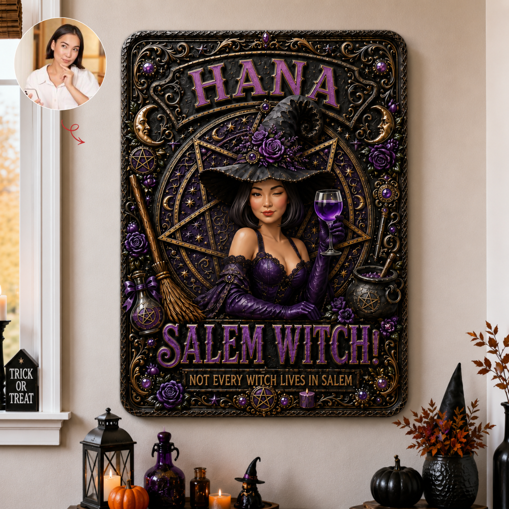 Custom Photo Name Witch Metal Sign, Personalized Witch Wall Decor, Gift for Witch Lovers and Magic Fans hn24082026