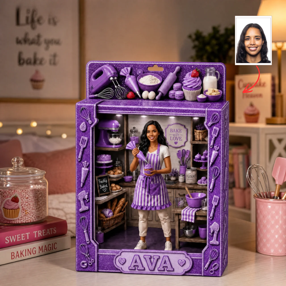 Personalized Home Baker Diorama Sign - Custom Face Baking Queen Toy Box Plaque hn27072026