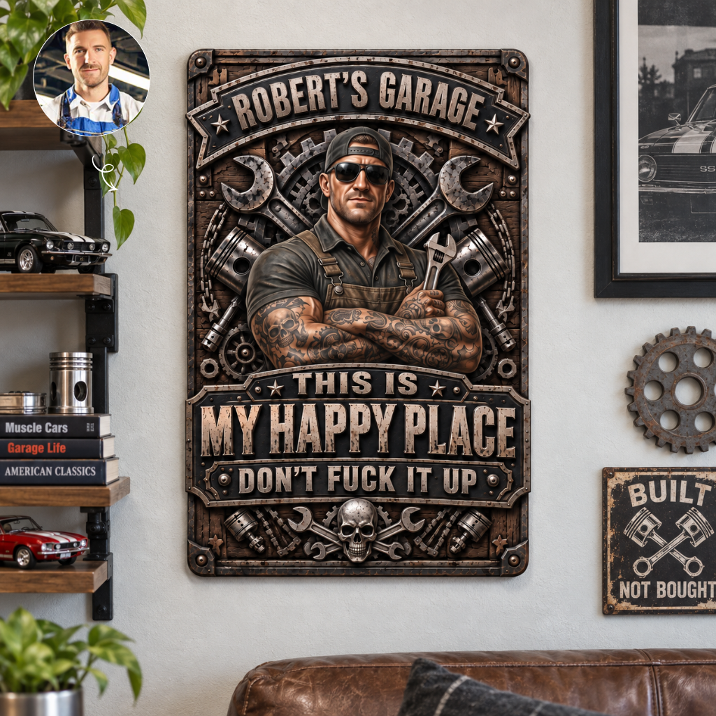 Custom Car Mechanic Metal Sign With Photo and Name, Personalized Garage Wall Decor, Gift for Auto Mechanics and Car Lovers