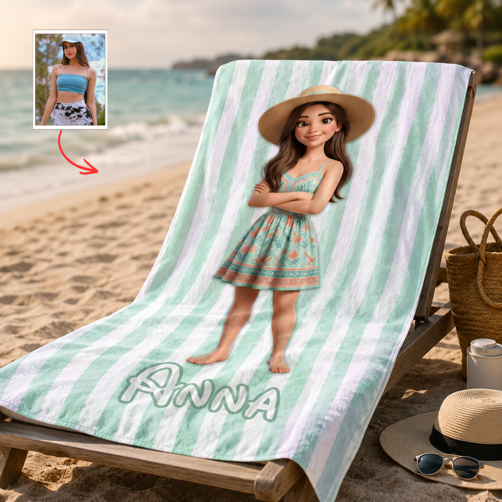 Custom Cartoon Photo Beach Towel - Personalized Character Summer Gift