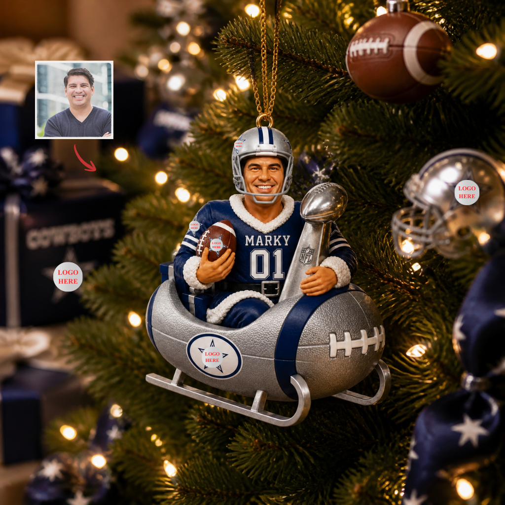Custom Photo Name Football Christmas Ornament, Personalized Sports Santa Decoration, Gift for Football Fans hn07082026