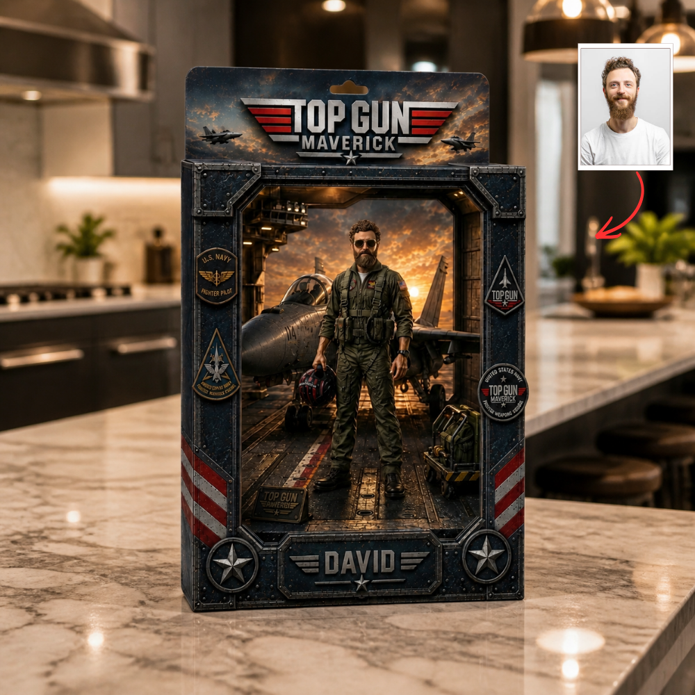 Custom Top Gun Pilot Photo Box Plaque - Personalized Fighter Jet Toy Style Gift for Dad