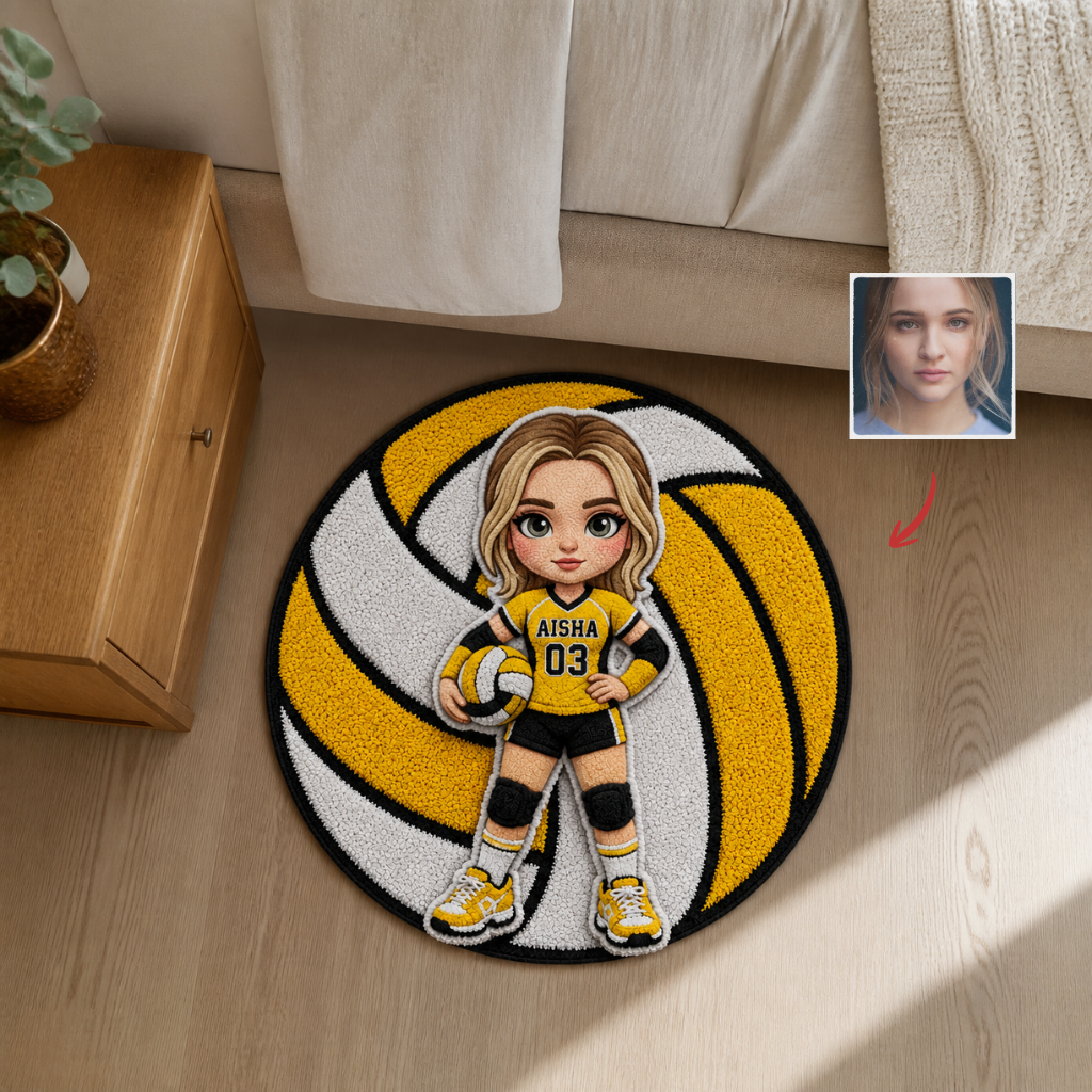 Custom Photo Name Volleyball Rug, Personalized Player Welcome Mat, Gift for Volleyball Fans