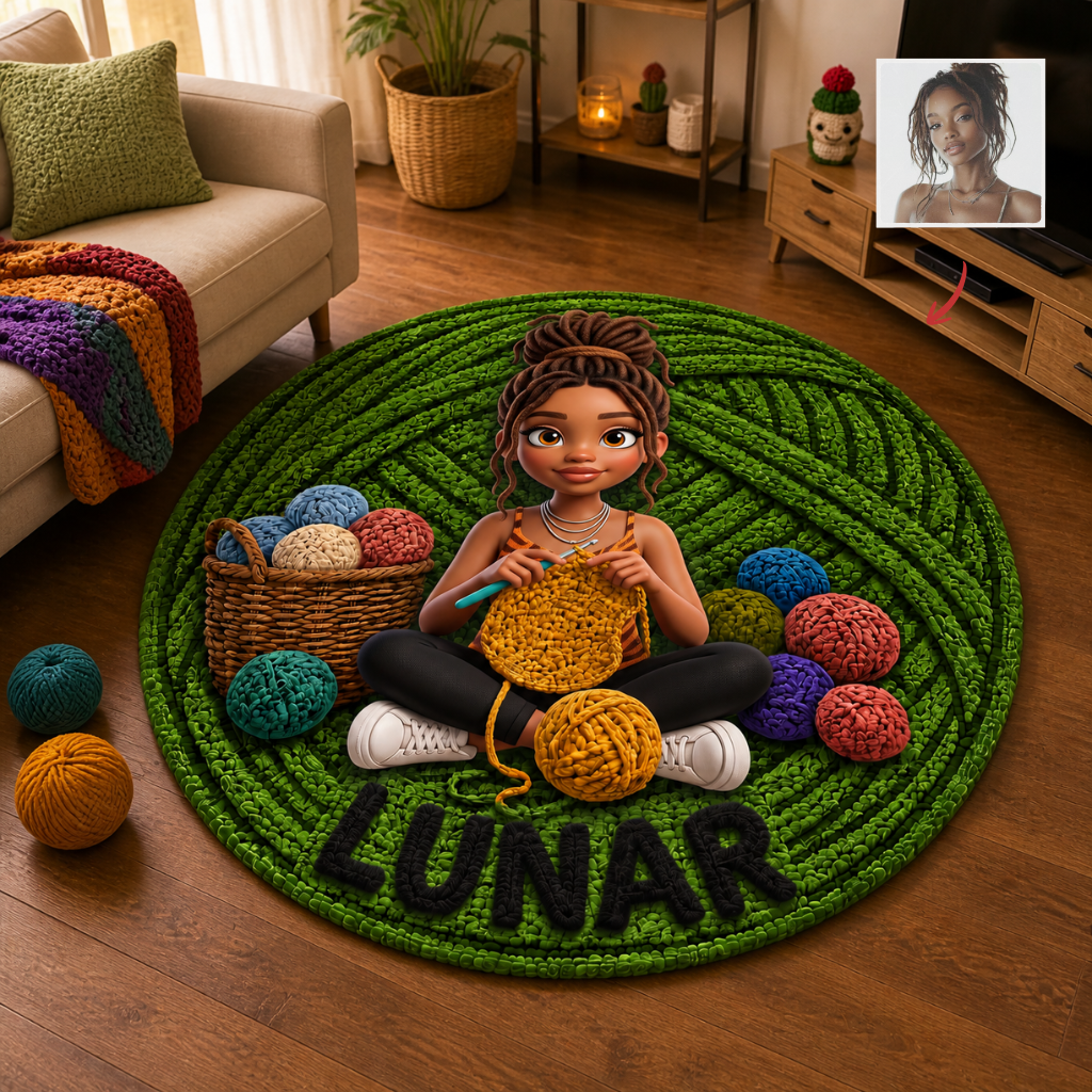 Custom Photo Name Knitting Rug, Personalized Yarn Lover Area Rug, Gift for Knitters