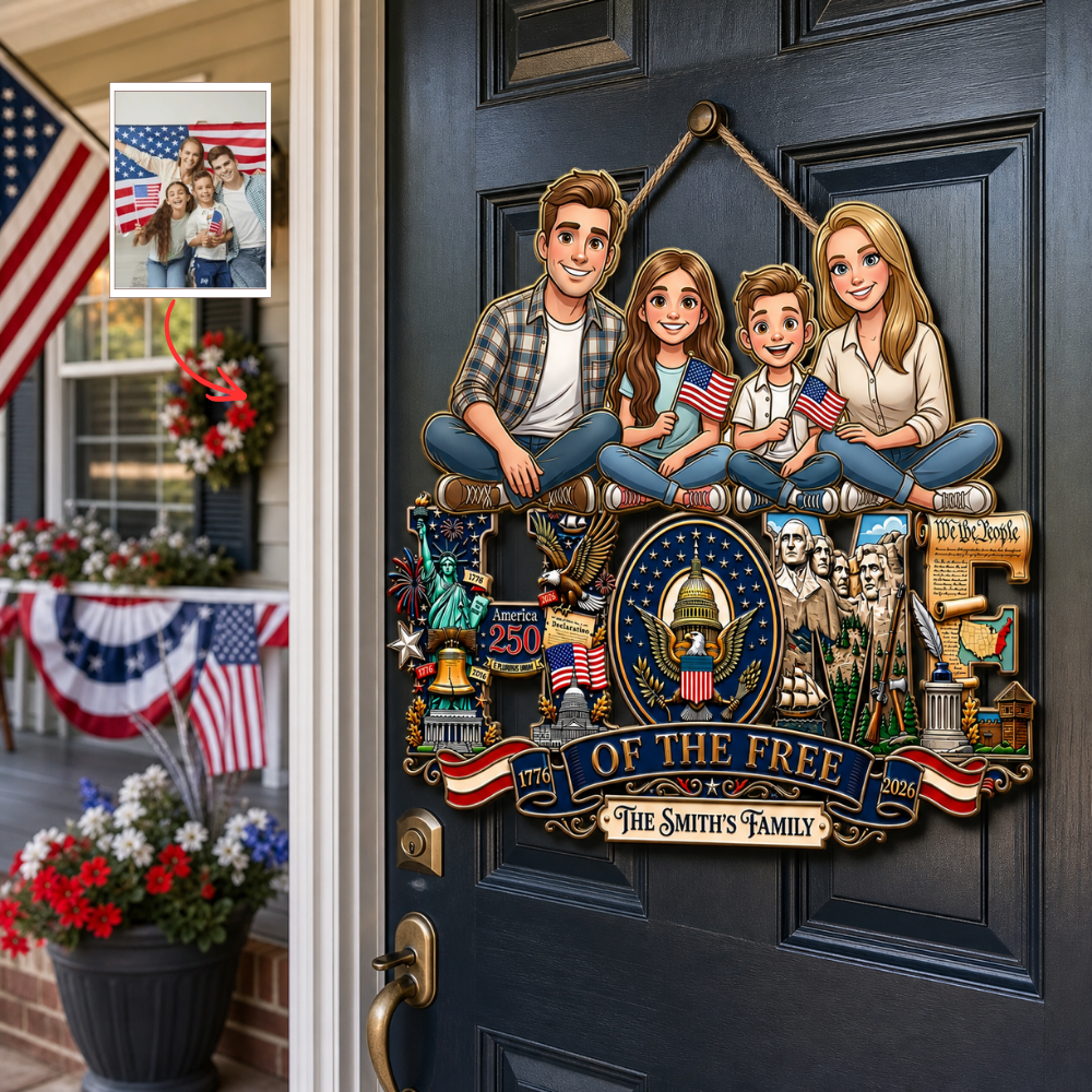 Custom USA Flag Family Portrait Door Sign - Personalized Independence Day Decor