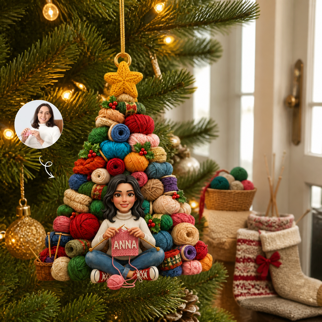 Custom Photo Name Knitting Christmas Ornament, Personalized Yarn Tree Decoration, Gift for Knitting Lovers hn18082026