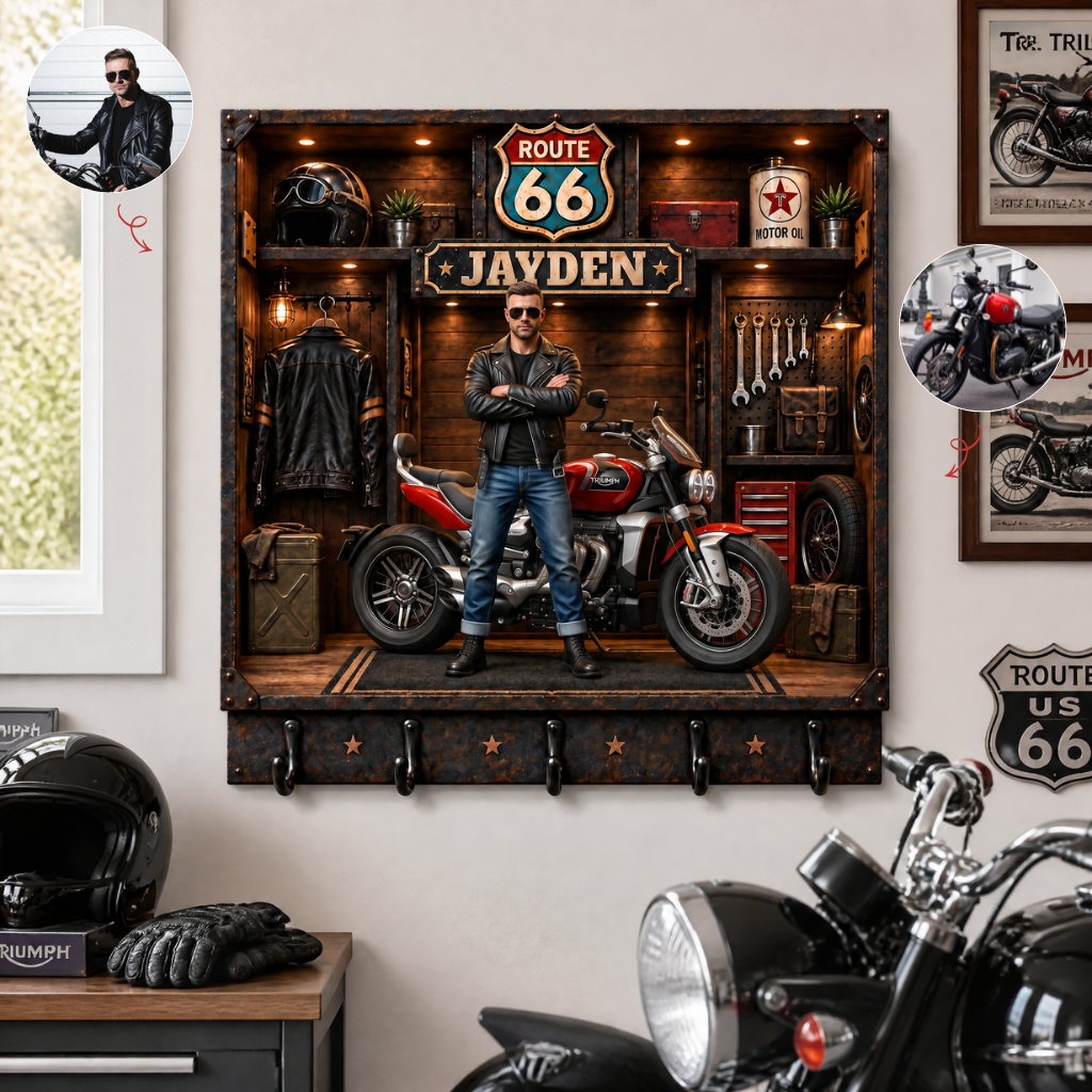 Custom Motorcycle Key Hanger With Photo and Name, Personalized Garage Wall Decor, Gift for Motorcycle Lovers and Riders hn16092026