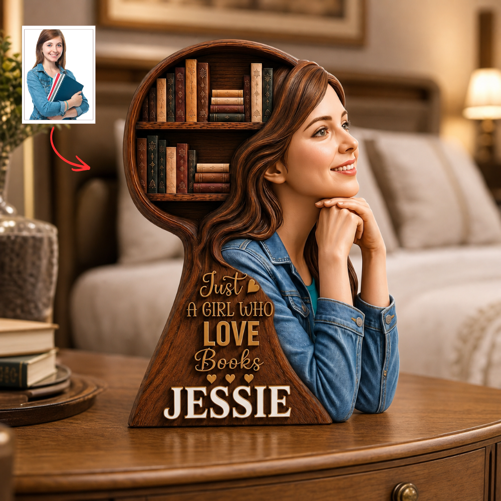 Personalized Book Lover Wooden Plaque, Custom Photo Reader Silhouette Sign, Just A Girl Who Loves Books Decor, Gift For Bibliophiles And Reading Fans
