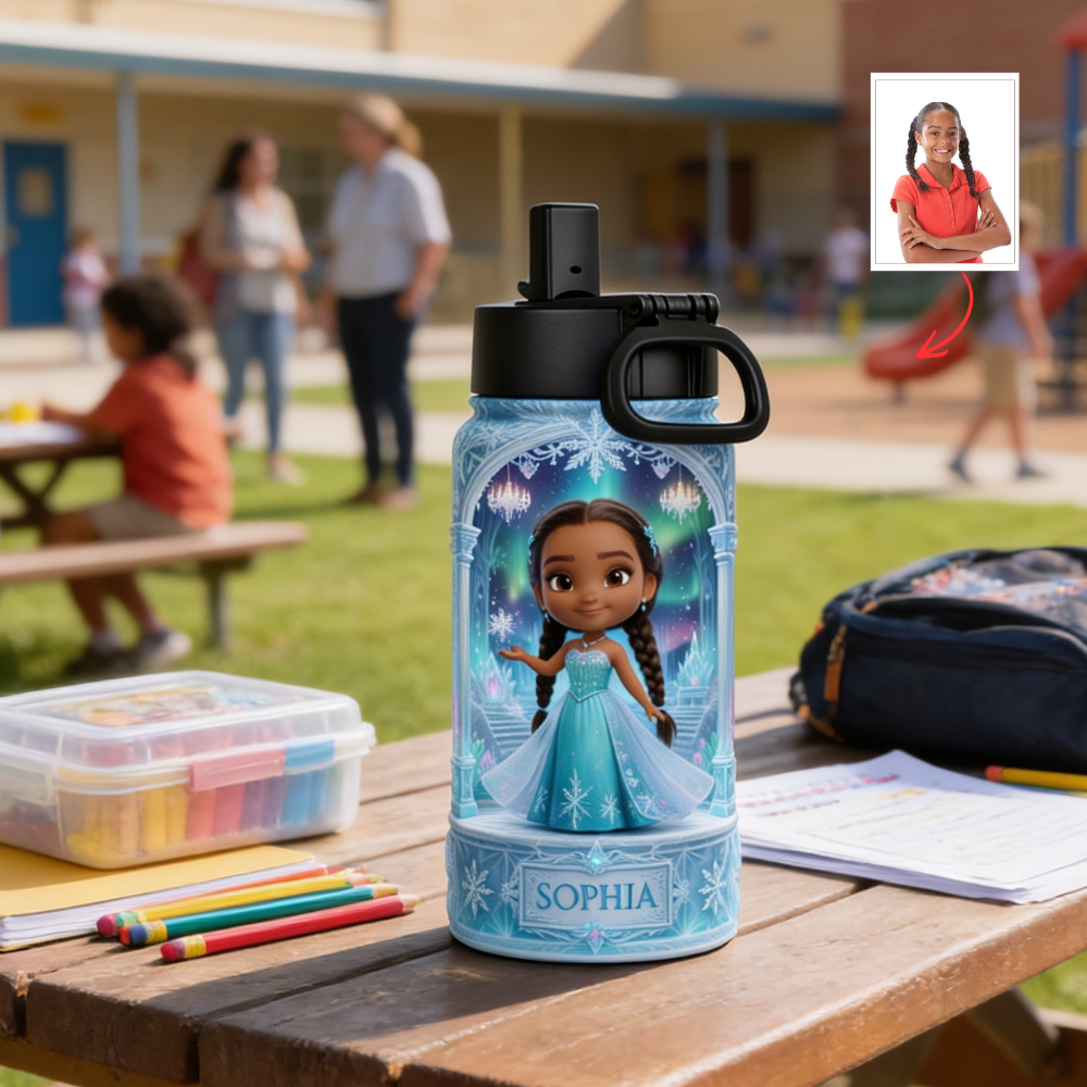 Custom Princess Avatar Photo Water Bottle - Personalized Back to School Gift for Girls