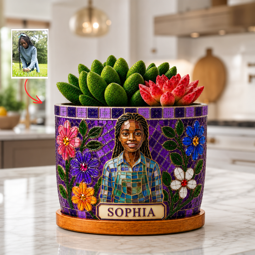 Personalized Gardener Plant Pot, Custom Photo Flower Pot, Stained Glass Garden Planter, Gift For Garden Lovers, Plant Moms And Gardening Enthusiasts