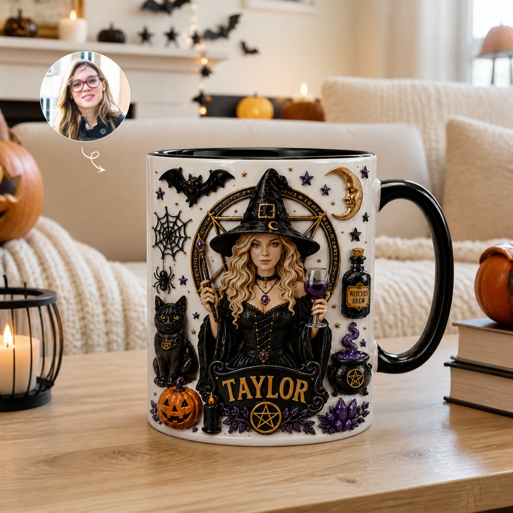 Custom Photo Name Witch Mug, Personalized Magic Inspired Coffee Cup, Gift for Witch Lovers and Fantasy Fans hn24082026