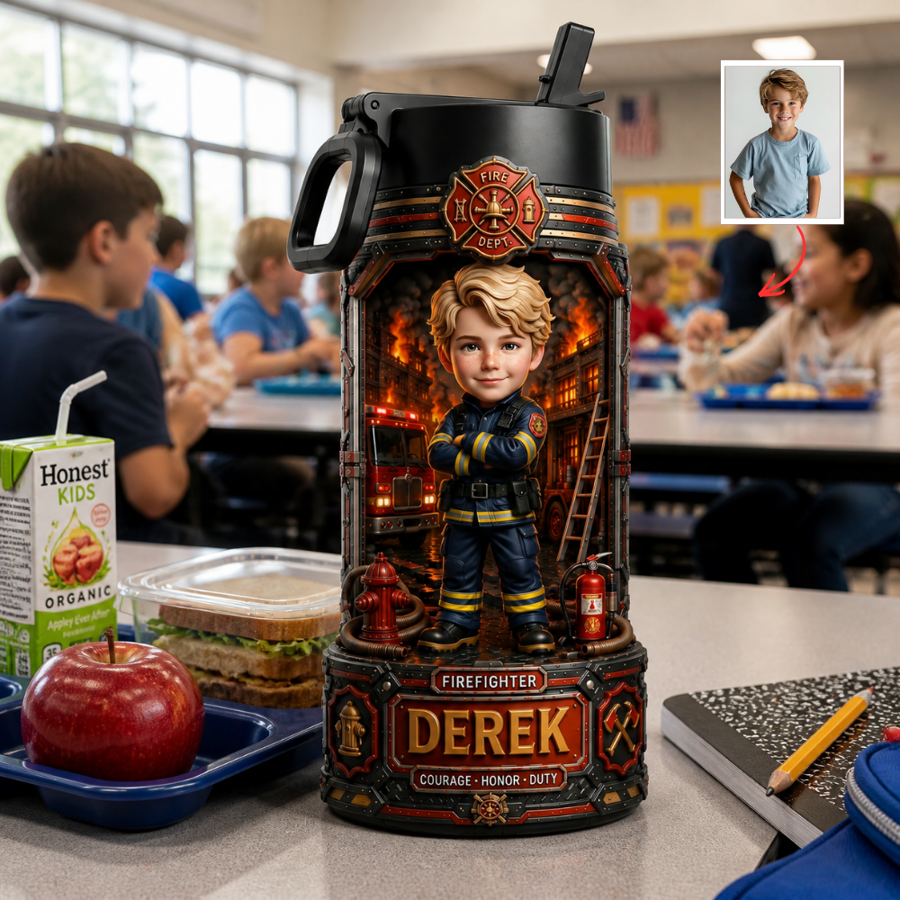 Custom Firefighter Photo Water Bottle - Personalized Back to School Gift for Boys