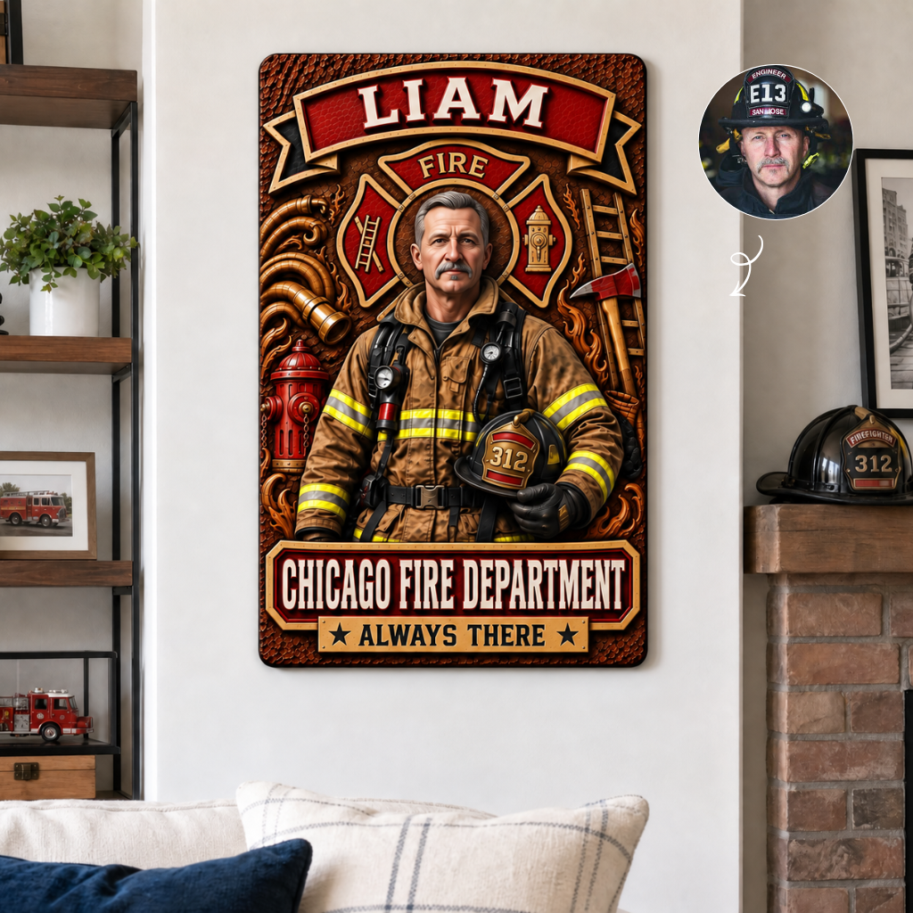 Custom Firefighter Metal Sign With Photo and Name, Personalized Fire Department Wall Decor, Gift for Firefighters and First Responders hn10092026hg