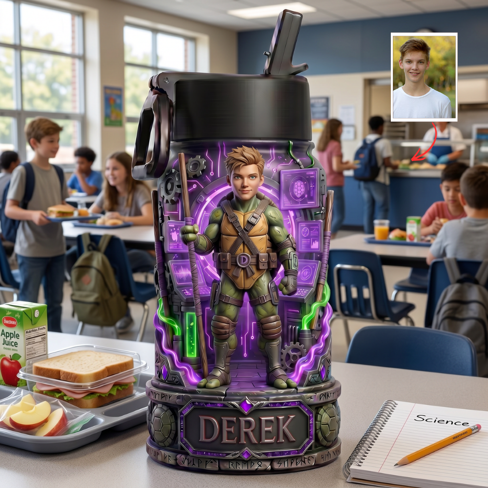 Personalized Kids Name Water Bottle - Custom 3D Hero Ninja Photo School Tumbler