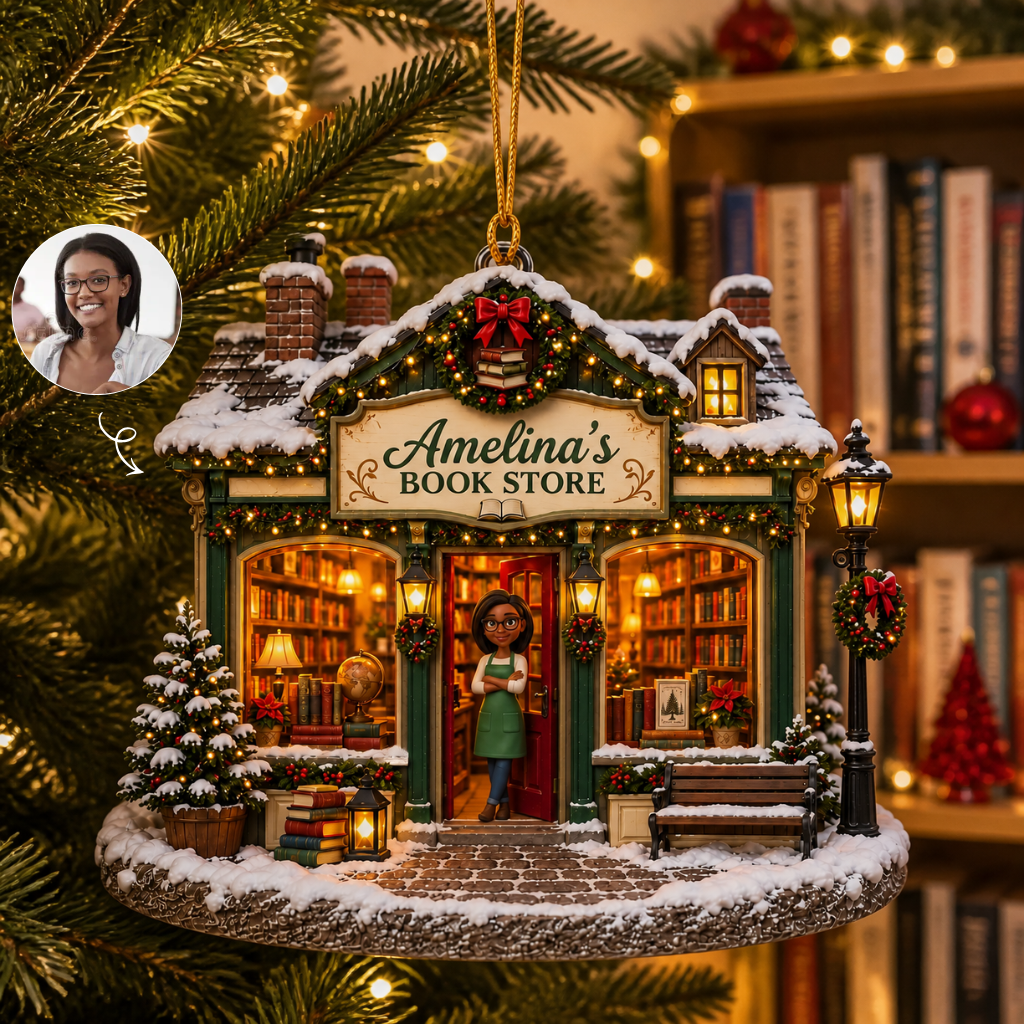 Custom Book Store Christmas Ornament With Name, Personalized Library Snow Globe Decoration, Gift for Book Lovers and Readers hn08092026