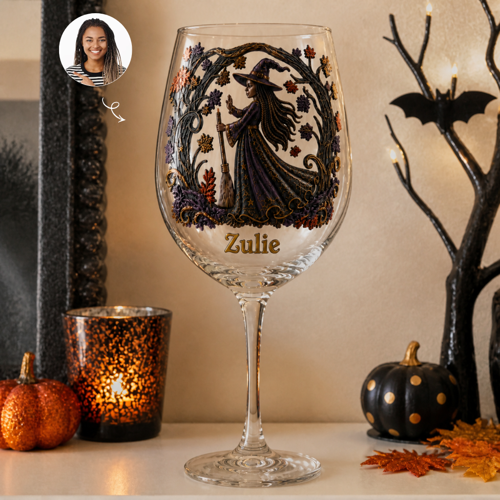 Custom Photo Name Witch Wine Glass, Personalized Halloween Glassware, Gift for Witch Lovers and Magic Fans