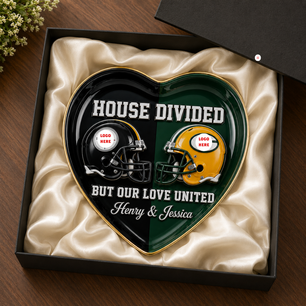 Custom Name "House Divided" Football Plate - Personalized Gridiron Rivalry Couple Heart Keepsake
