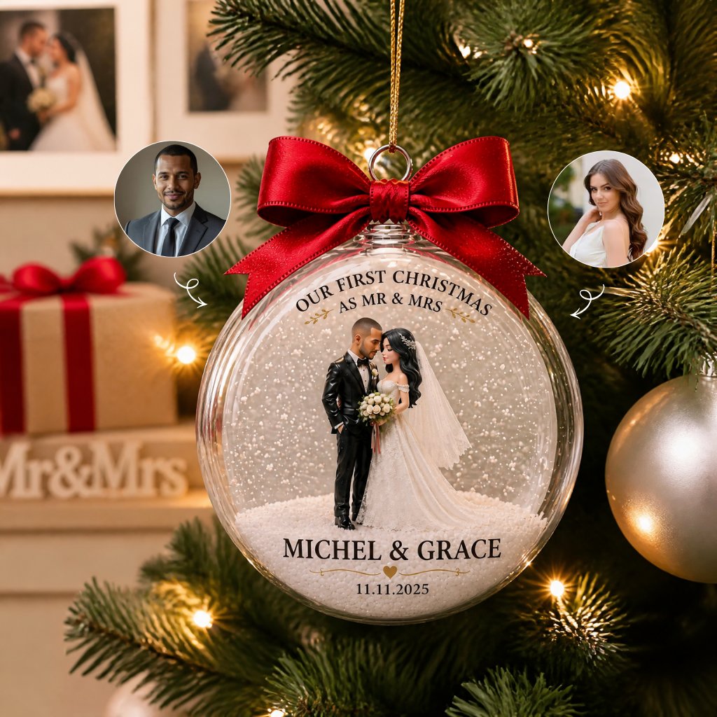 Custom Photo Name Wedding Christmas Ornament, Personalized Couple Tree Decoration, Gift for Newlyweds and Couples hn28082026