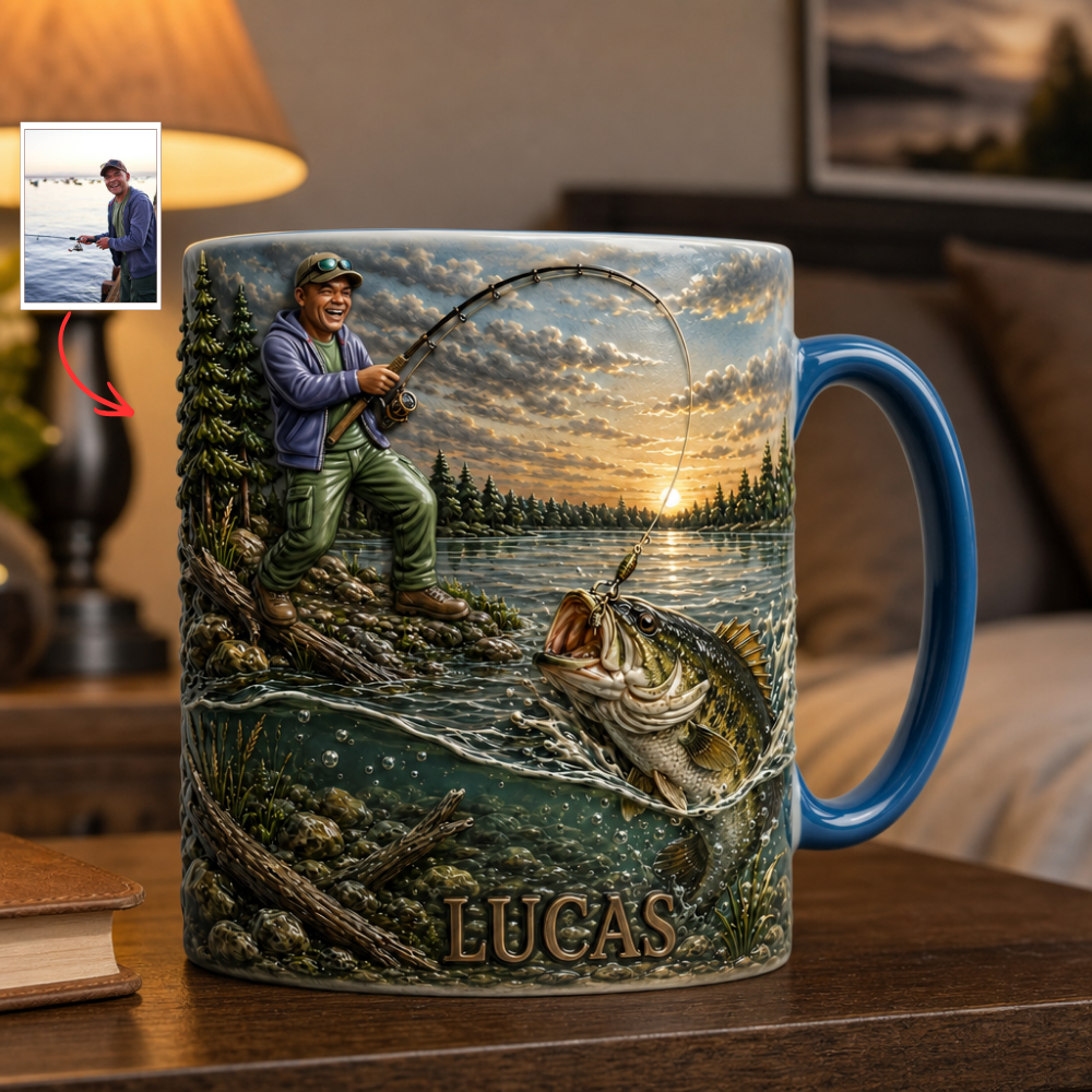 Custom Fishing Dad Mug, Personalized Angler Coffee Mug, Fisherman Gift For Dad, Custom Photo Outdoor Mug, Bass Fishing Lover Gift For Him