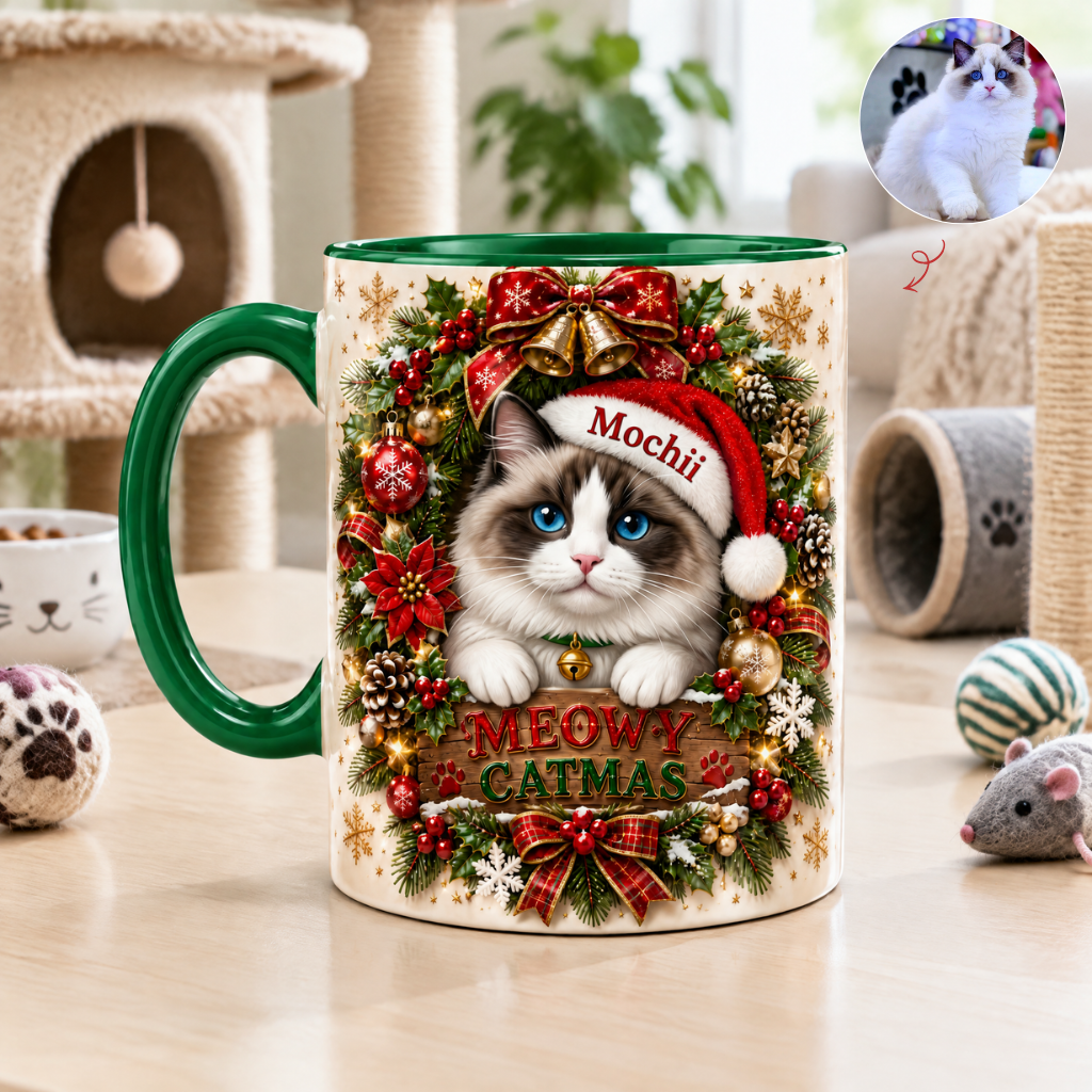 Custom Christmas Cat Mug With Photo and Name, Personalized Holiday Coffee Cup, Gift for Cat Lovers and Pet Owners hn30092026thg