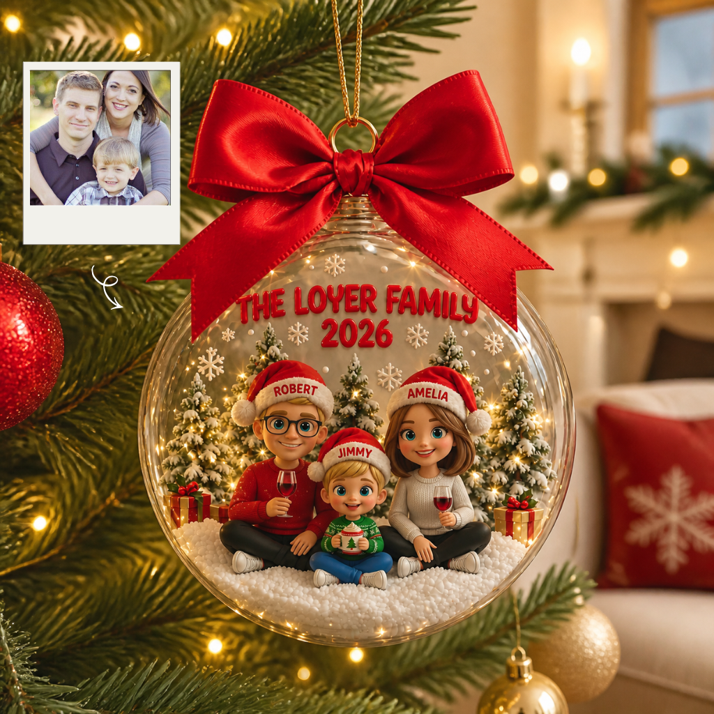 Custom Family Photo Christmas Ornament, Personalized Snow Globe Tree Decoration With Names, Gift for Families and Loved Ones hn08092026