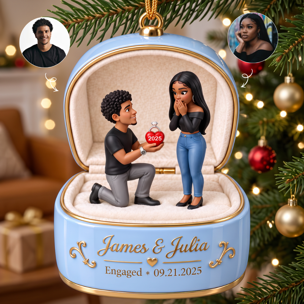 Custom Engagement Ring Box Christmas Ornament, Personalized Couple Proposal Keepsake With Names and Date, Gift for Couples hn08092026
