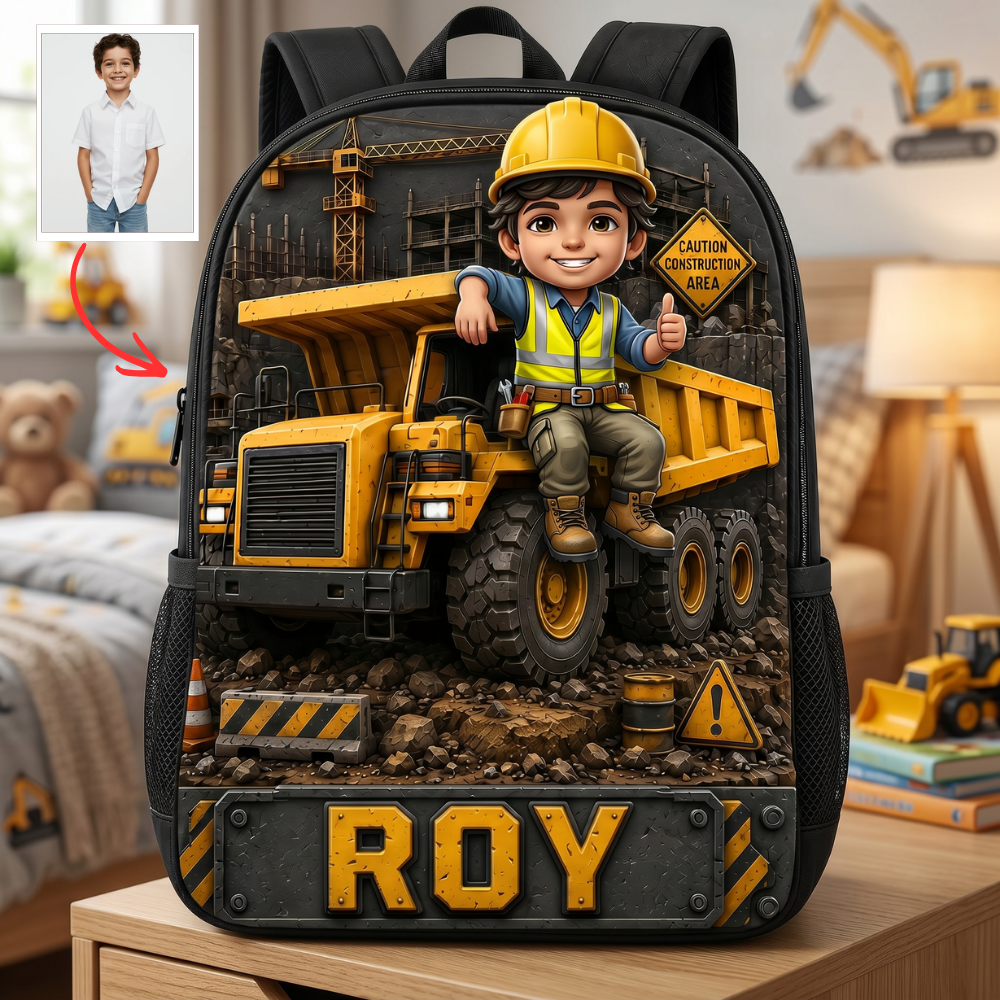 Construction Vehicle Backpack With Custom Photo, Personalized Back To School Gift For Kids