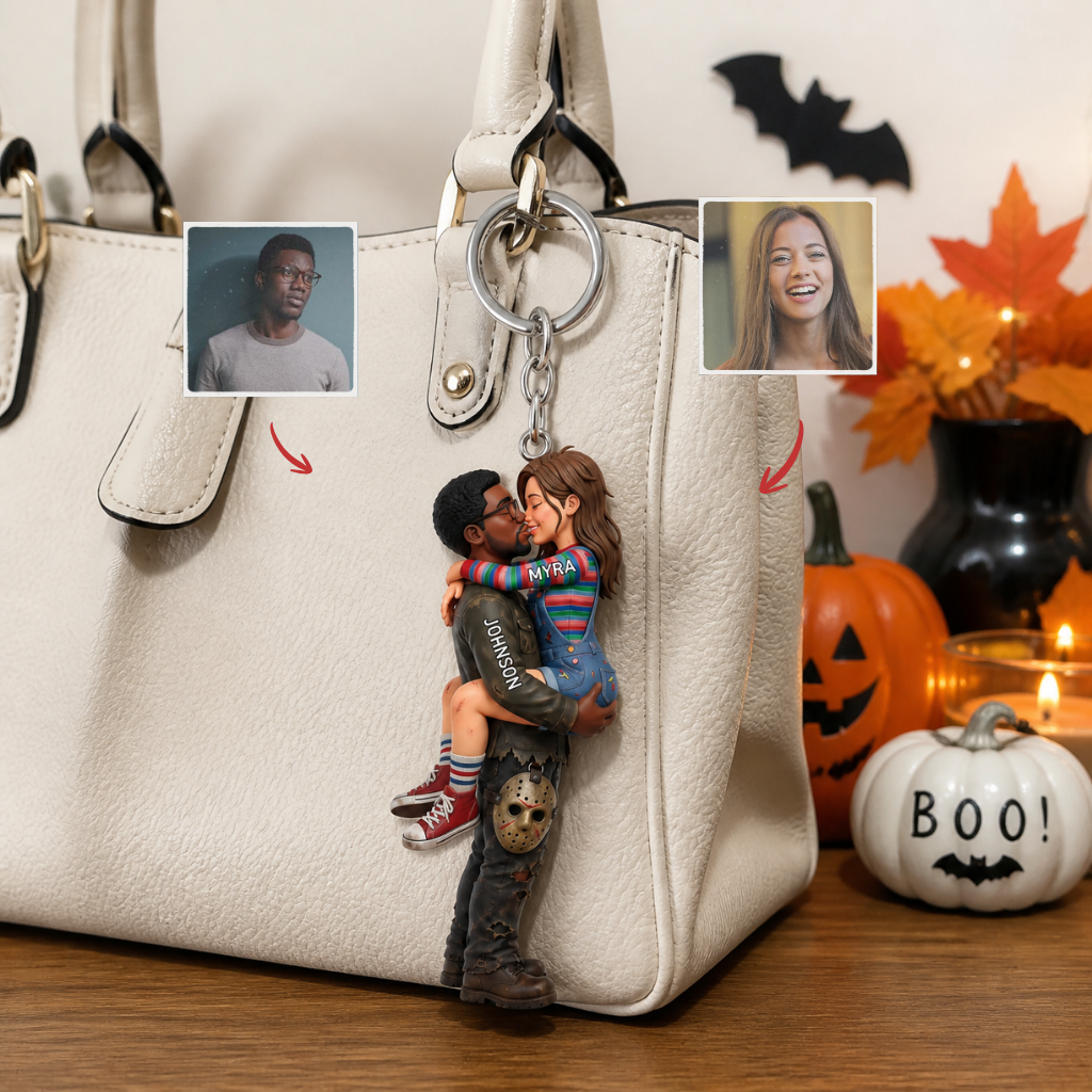 Custom Couple Photo Name Keychain, Personalized Love Key Ring, Halloween Gift for Couples hn11082026