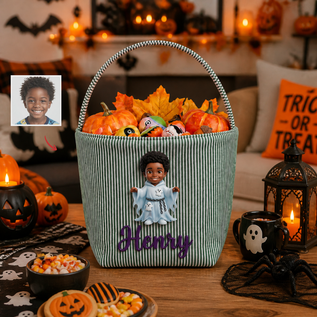 Custom Photo Name Halloween Candy Basket, Personalized Trick Or Treat Bucket, Gift for Kids hn11082026