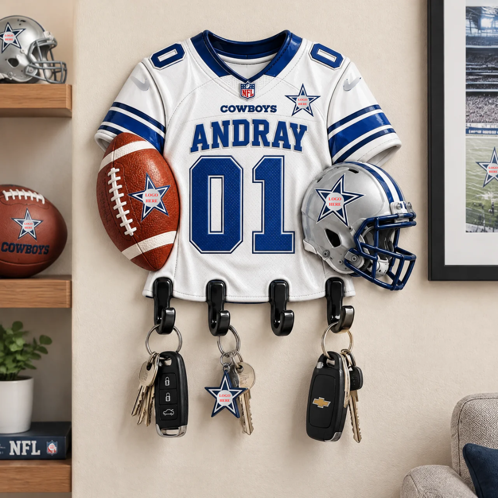 Football Jersey Key Holder With Custom Name, Personalized Sports Wall Rack, Game Room Decor, Gift for Football Fans hn27102026