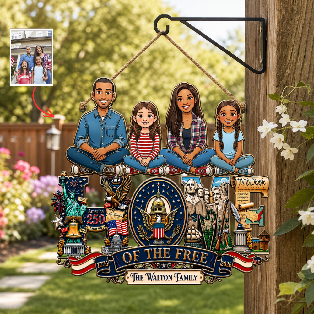 Custom USA Flag Family Portrait Door Sign - Personalized Independence Day Decor