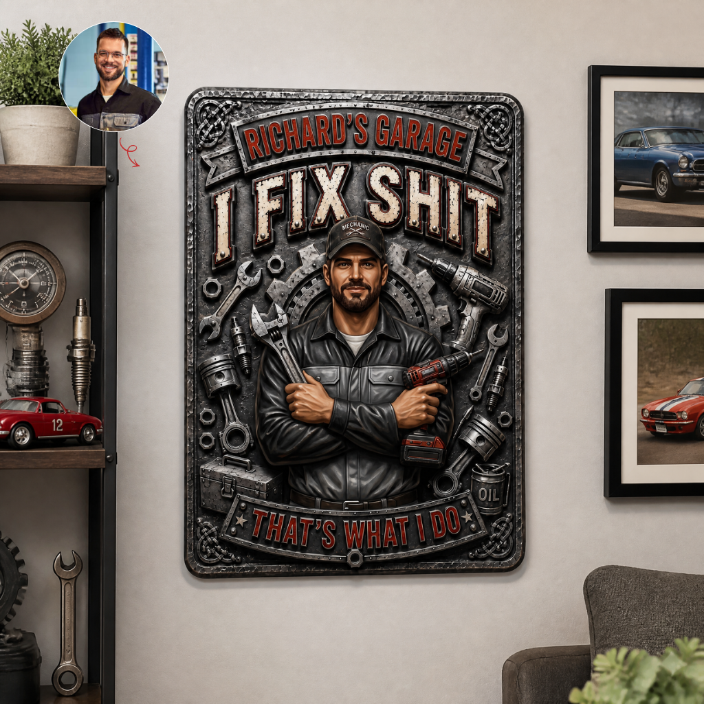 Custom Photo Name Garage Metal Sign, Personalized Mechanic Wall Decor, Gift for Mechanics and Car Lovers hn03092026