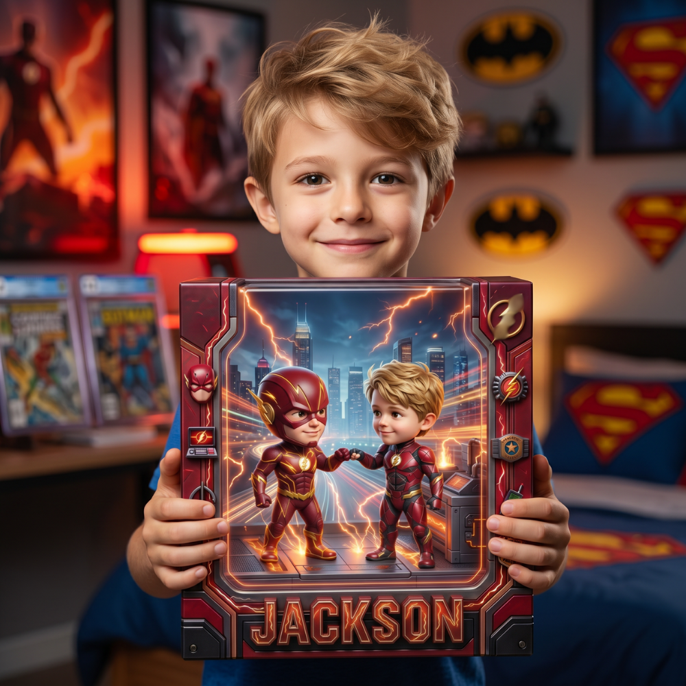 Custom Superhero Kid Photo Plaque, Personalized Comic Hero Display for Fans, Custom Action Figure Plaque, Personalized Gamer Room Decor, Gift for Superhero Fans