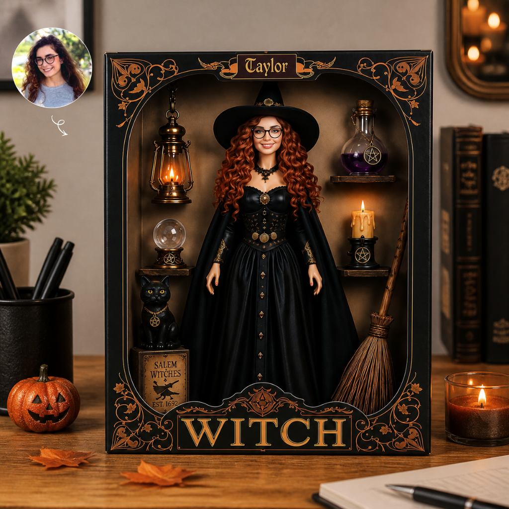 Custom Photo Name Witch Box Plaque, Personalized Witch Wall Decor, Gift for Witch Lovers and Fantasy Fans hn27082026