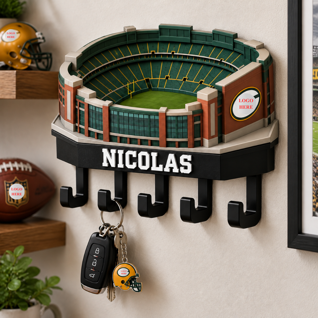 Football Stadium Key Holder With Custom Name, 5 Hook Wall Key Rack, Personalized Sports Entryway Decor, Gift for Football Fans hn23102026