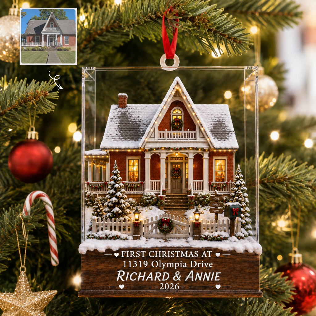 Custom Name House Christmas Ornament, Personalized Family Home Tree Decoration, Gift for Families and New Homeowners hn03092026