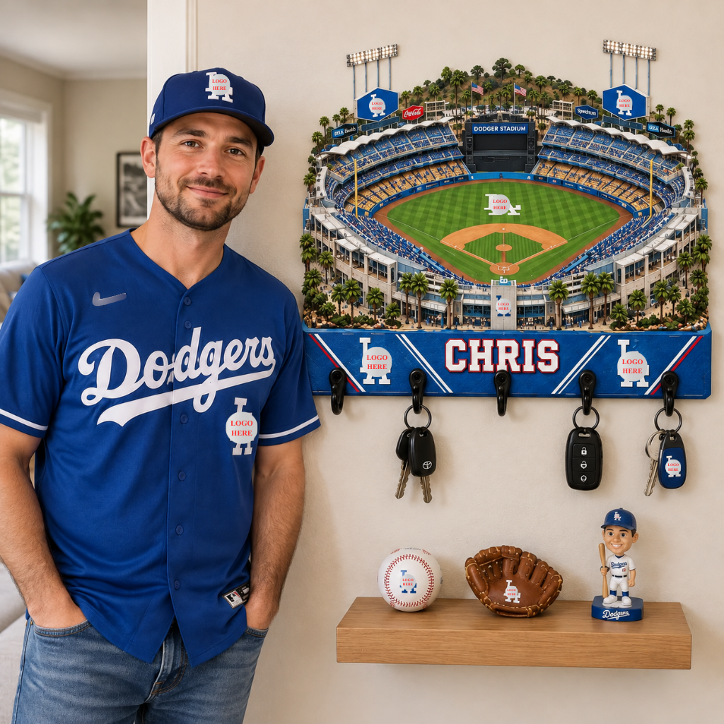 Baseball Stadium Key Holder With Custom Name, Personalized Ballpark Wall Decor, Sports Key Rack With 5 Hooks, Gift for Baseball Fans hn27102026
