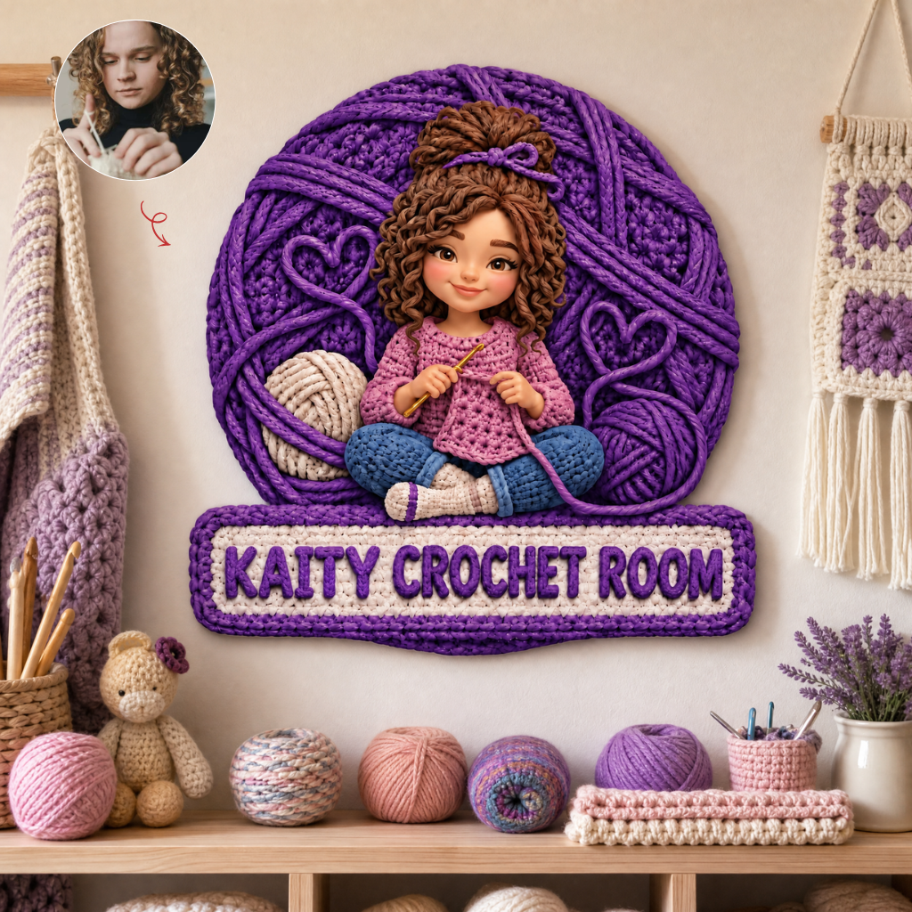 Custom Crochet Metal Sign With Photo and Name, Personalized Yarn Craft Room Decor, Gift for Crochet Lovers and Crafters hn21092026